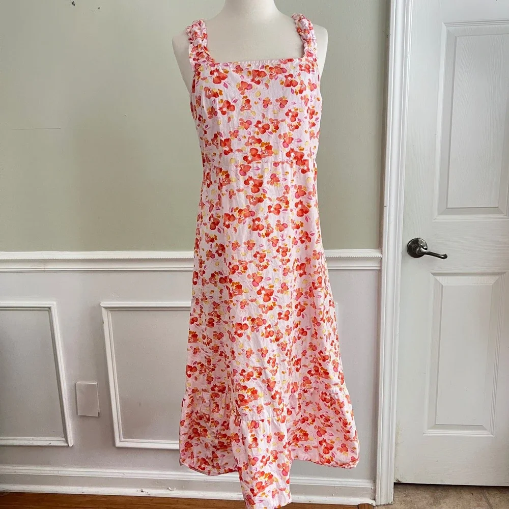 Floral Midi Dress Womens‎ PM or S/M Ruffle Strap Cotton Pink Orange  Sundress